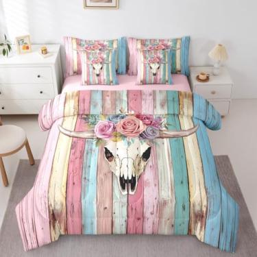 Imagem de Erosebridal Jogo de cama completo com estampa de caveira de touro, 7 peças, para meninas, rosa, crânio de açúcar, flores rosas, esqueleto, floral, colcha rústica de casa de fazenda, conjunto de lençol