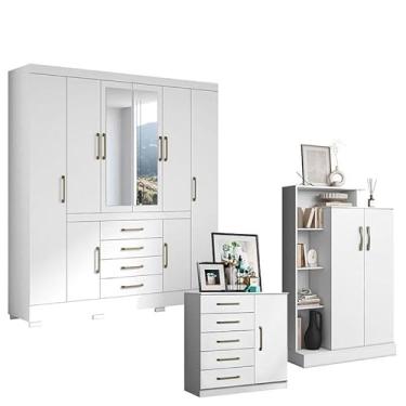 Imagem de Guarda Roupa Casal Nápole 2045149 com Armário Multiuso Florença 2000199 e Cômoda Sapateira Milão 2014145 Branco Brilho - Aramóveis