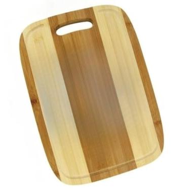 Imagem de Tábua de corte de bambu para churrasco com sulco coletor, resistente e prática para preparar carnes, legumes e frutas sem vazamentos (tabua Alça 34x24x1,9 cm)