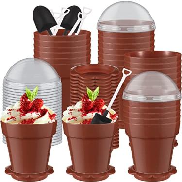 Imagem de Honeydak Pacote com 25 copos de plástico para sobremesa com tampa, pá, colher, mini vaso de flores, copos de sobremesa, sorvete, iogurte, cupcake, recipientes para suprimentos de festa de aniversário