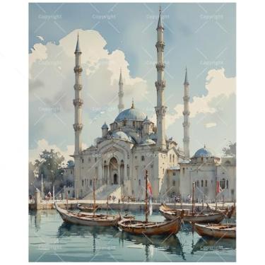 Imagem de TAOPAOLAB Kit de pintura de paisagem urbana por números para adultos - Mesquita majestosa DIY com barcos por pintura à água em tela 40,6 x 50,8 cm, conjunto de tinta acrílica, adequado para iniciantes