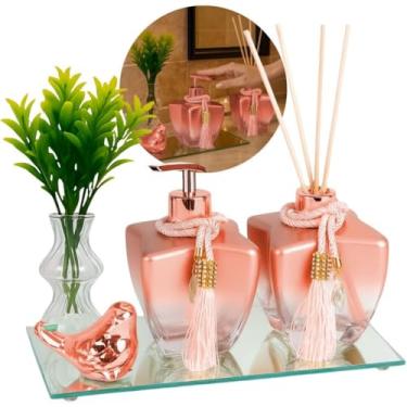 Imagem de Kit Lavabo Super Luxo em Vidro Estrela 280ml – Frascos Decorativos com Bandeja Espelhada London e Acessórios(Degrade Rosê Pássarinho)