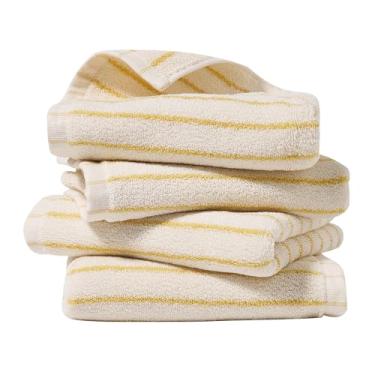 Imagem de HEAVYWOOD Conjunto de 4 toalhas de mão listradas 100% algodão reversíveis, macias e absorventes toalhas de mão decorativas para limpeza de banheiro (listras brancas/amarelas, pacote com 4)