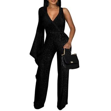 Imagem de sexycherry Macacão formal feminino elegante com calça reta longa e elegante para festa e clube com zíper, Preto/brilhante, P