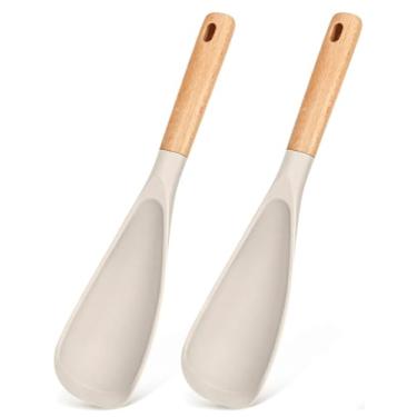 Imagem de Espátula de silicone com cabo de madeira, utensílio de cozinha antiaderente resistente ao calor, sem BPA, design de orifício para pendurar, multiuso para cozinhar, servir, misturar saladas (branco, 2
