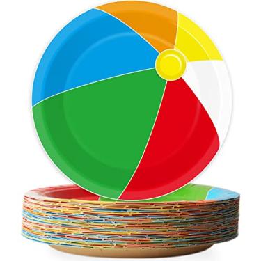 Imagem de 48 peças de pratos de papel de festa de bola de praia suprimentos 17,78 cm bola de piscina verão festa talheres praia festa de aniversário lembrancinhas chás de bebê decorações de férias