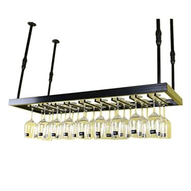 Imagem de Suporte de taça de vinho de teto | Suporte de taças de champanhe suspenso de metal preto | Prateleira de armazenamento de taças | Organizador flutuante para bar e restaurante | Altura ajustável