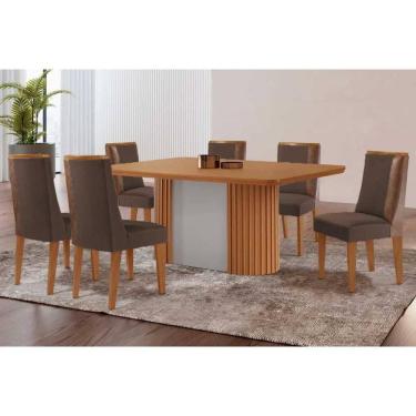 Imagem de Conjunto: Mesa Sala Jantar Pilar c/ Tampo Madeirado Canto Curvo 180x90cm e 6 Cadeiras Tilia Naturale/Off White - Suede Marrom - Rufato