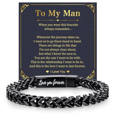 Imagem de Pulseiras de corrente preta para homens: Correntes de aço inoxidável Franco Love you Forever Pulseira masculina para filho homem marido, joias sentimentais ideias de presentes para aniversário, dia