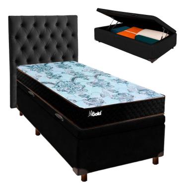 Imagem de Cama Box Bau + Colchão Solteiro Molas Ensacadas Life Gold Paropas + Cabeceira Estofada