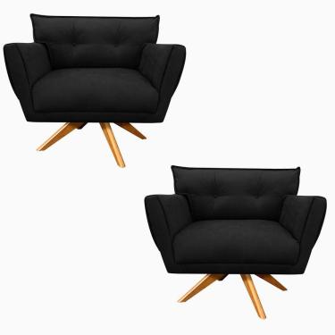 Imagem de Kit 02 Poltronas Giratória Anitta Suede Base Madeira Preto