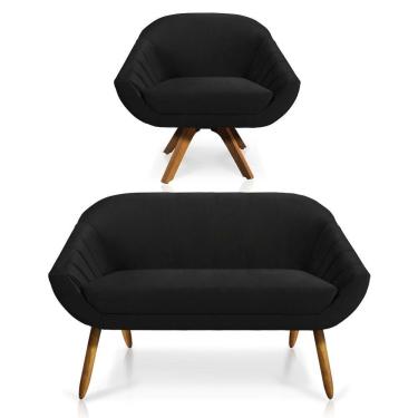 Imagem de Kit 01 Namoradeira 02 Lugares E 01 Poltrona Giratória Giovana Veludo Preto Base Madeira