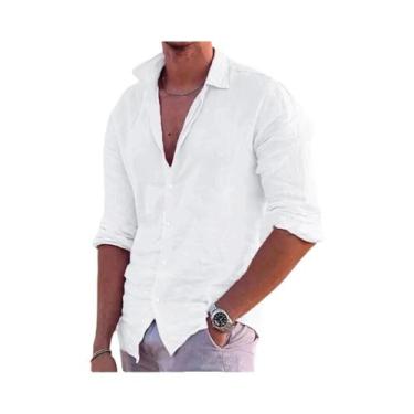 Imagem de Camisa Havaiana Masculina De Manga Longa Em Algodão E Linho Com Gola P