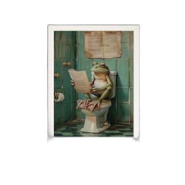 Imagem de Quadro Perereca No Banheiro Lendo Jornal 24X18Cm - Com Vidro