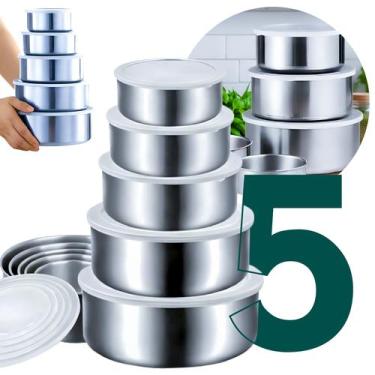 Imagem de Kit 5 Tigelas Inox Com Tampa Potes Herméticos Para Cozinha Para Uso Ge