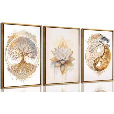 Imagem de Conjunto de 3 Quadros em Tela com Moldura de Madeira Árvore da Vida, P