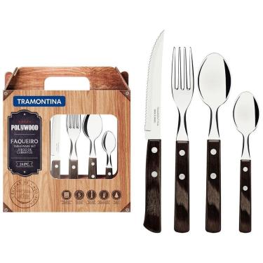 Imagem de Faqueiro Polywood 24 Peças com Facas para Churrasco Garfos Colheres de Mesa e Chá em Aço Inox para Mesa Posta Marrom