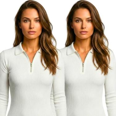 Imagem de Kit 2 Blusas Polo Feminina Canelada Manga Longa com Zíper Slim Fit Cas