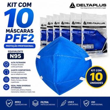 Imagem de Kit 10 Máscaras PFF2 N95 Deltaplus Azul Proteção Respiratória Poeira F