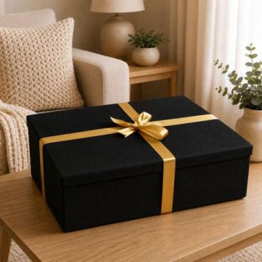 Imagem de Kit 2 Caixas de Presente Forrada Preta com Laço Tamanho G 42x15x28cm -