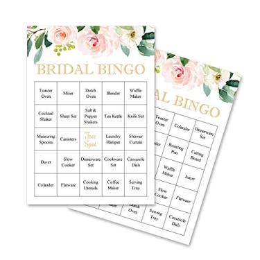 Imagem de InvitationHouse Jogo de bingo floral romântico - Bingo pré-preenchido para chá de noiva - Conjunto de 24 cartas (ouro sintético no branco)