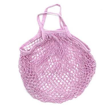 Imagem de Sacos de supermercado reutilizáveis ??portáteis para saco de frutas e legumes organizador de fios de malha de algodão bolsa de alça curta rede sacolas de compras (Rosa)