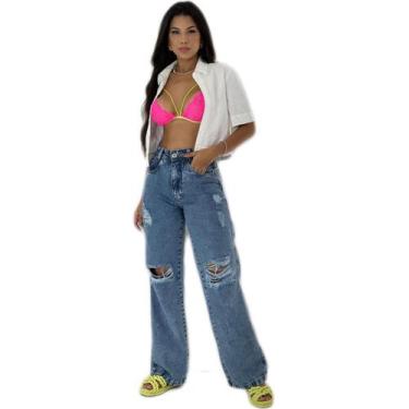 Calça Jeans Wide Leg Plus Size Lavagem Clara Cintura Alta - Useconf