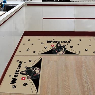 Imagem de Tapete de corredor de cozinha, buldogue de boas-vindas fofo cão preto pegada animal marrom tapete antiderrapante tapete de porta tapete tapete para lavanderia, banheiro, quarto, conjunto de 2