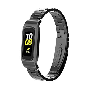Imagem de Gheper Pulseira de relógio de metal compatível com Samsung Galaxy Fit2 SM-R220 de aço inoxidável, moldura protetora, design de pulseira de substituição para smartwatch Fit 2 SM-R220, acessório (preto)