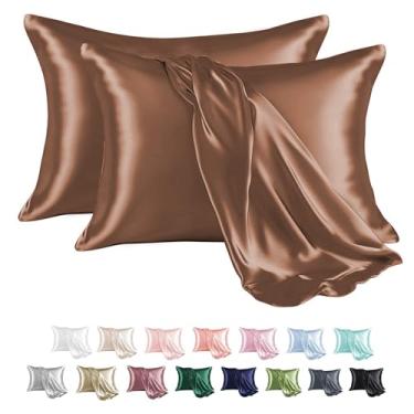 Imagem de MR&HM Fronha de cetim para cabelo e pele, fronha de cetim de seda, pacote com 2, fronhas king size, conjunto de 2, capa de almofada de seda com fecho de envelope (20 x 36, mousse de mocha)