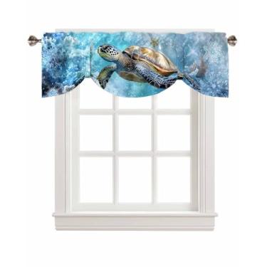 Imagem de Cortinas de amarrar tartarugas marinhas para janelas, verão azul claro oceano náutico coral subaquático com bolso para varão, cortina de amarração, janela curta ajustável para cozinha, sala de estar