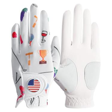 Imagem de Luvas de golfe femininas com marcador de bola para mão esquerda e direita, pacote de aderência de chuva, luva feminina macia para todos os climas, respirável, pequeno, médio, grande, GG (vinho e golfe, médio gasto na mão esquerda)