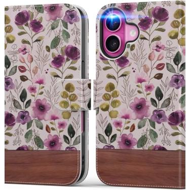 Imagem de DEENAKIN Capa carteira para iPhone 16 com suporte para cartão + clipe de dinheiro, bloqueio RFID, proteção contra quedas de nível militar, fecho magnético com suporte de couro - papel de parede floral