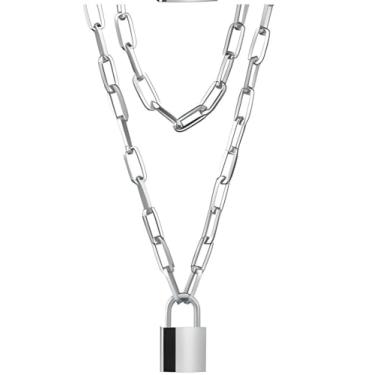 Imagem de Colar feminino de prata esterlina 925 com fecho de elos de corrente simples – Colar longo punk para festa punk maxi collier – Colar com cadeado para homens, Large, Prata esterlina, Sem Pedra Preciosa