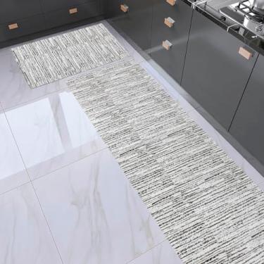 Imagem de Jogo Tapete Passadeira e Capacho 1,30m X 45cm Antiderrapante Tear Artesanal Decoração Tecido Jacquard Cru/Preto