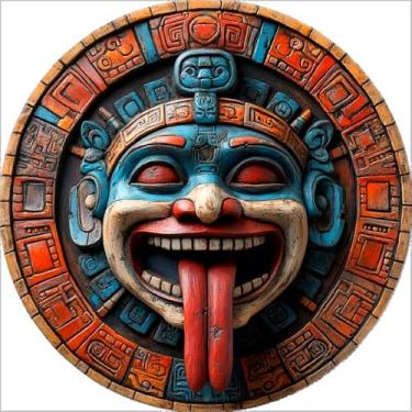 Imagem de Placa Máscara Asteca Decorativa Tlaltecuhtli 20cm Arte Parede Étnica Tribal MDF 3mm Efeito 3D Decoração Mística