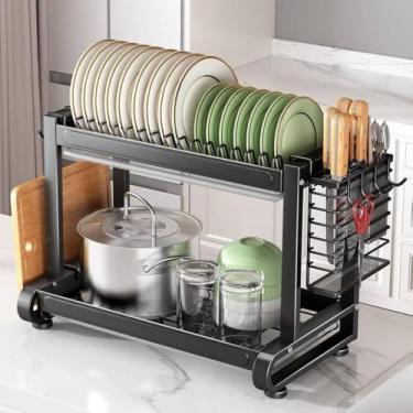 Imagem de Escorredor de Louças 2 Andares para Bancada, 43 x 27 x 33,5 cm, Preto Fosco, com Suporte para Talheres e Utensílios Prático Portátil