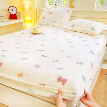 Imagem de J-pinno Jogo de lençol com elástico com laço de estrela e coração de estrela, macio, microveludo, fofo, aconchegante, quente, durável, 2 peças: 1 lençol com elástico e 1 fronha (laço, solteiro)