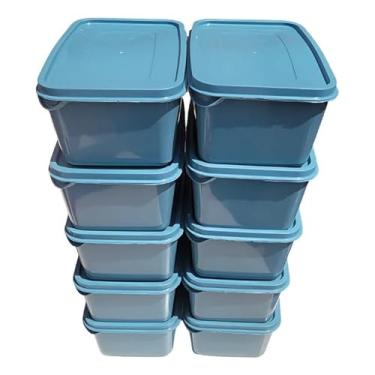 Imagem de Kit 10 Potes Retangular 1L Armazenamento Alimentos Tampa Marmita BPA Free Micro ondas Freezer (10 Potes Petróleo)