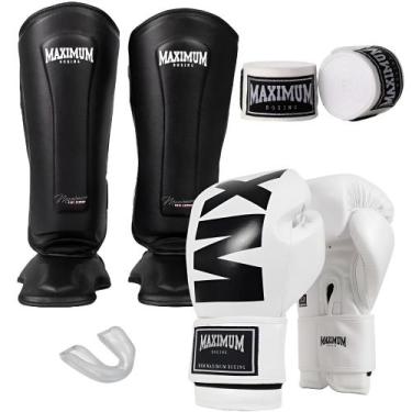 Imagem de Kit Luva Muay Thai Mxm White + Caneleira Muay Thai Black + Bandagem + 