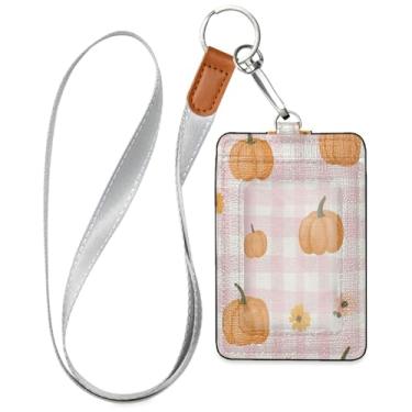 Imagem de Wassud Abóboras e flores porta-crachá de couro PU com cordão, porta-cartão de identificação para trabalho, cordão de pescoço com compartimentos para cartões de crédito, funcionários, estudantes, 39,9