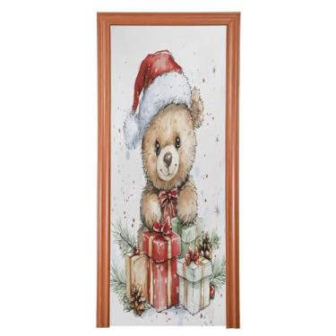 Imagem de Wassud Urso fofo chapéu de Natal capa de porta decoração de natal exterior faixa interna decoração de casa grande decoração de porta da frente 81 x 200 cm