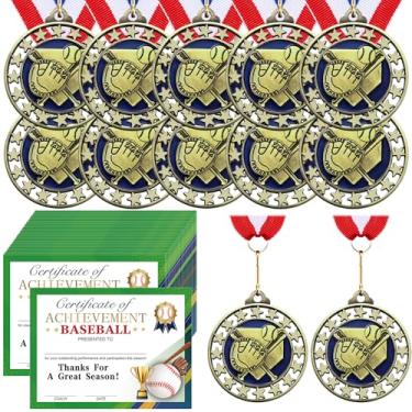 Imagem de Huquary 12 medalhas de prêmio de beisebol com 12 peças de certificados de prêmio de conquista troféus de participação em equipe com fita listrada vermelha branca azul para lembrancinhas de festa