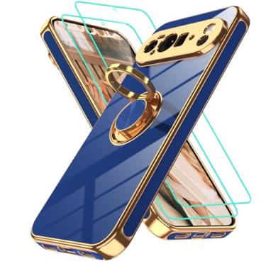 Imagem de Gritup Capa para Google Pixel 10 Pro XL: 2 peças protetoras de tela | Suporte magnético de rotação de 360° | Capa protetora básica de TPU macio com borda dourada revestida para Pixel 10 Pro XL azul
