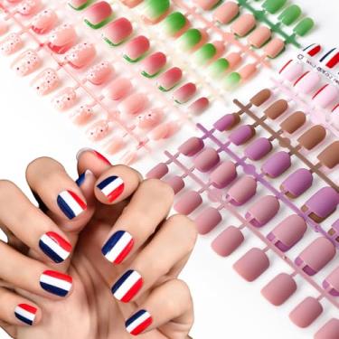 Imagem de 10 unidades de unhas curtas de pressão, pré-design de cores mistas, unhas postiças foscas, brilhantes, salão, rosa, verde, roxo, unhas de beleza, presentes diários para mulheres e meninas com abas