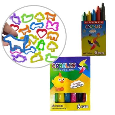 Imagem de Kit Escolar Criativo Infantil Volta às Aulas 12 Mini Giz de Cera 5 Cores + 12 Massinhas 6 Cores + 36 Cortadores Diversão Educativa