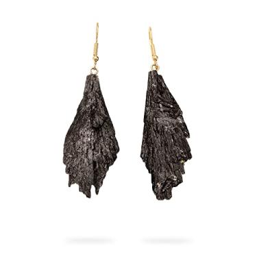 Imagem de AYANA Brincos de cristal curativo de cianita preto natural para mulheres | Configuração banhada a ouro | Proteção EMF, chacra de raiz alinhada | Feito à mão com pedra preciosa brasileira pura natural de origem ética