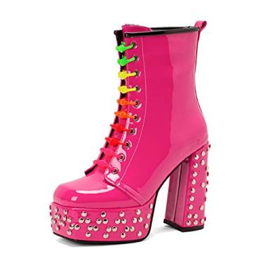 Imagem de Botas de plataforma femininas no tornozelo gótico bloco robusto com cadarço punk de salto alto motocicleta botas de combate,Pink,1 UK/34 EU