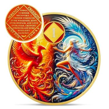 Imagem de Phoenix Fairy Medalhões Na de 1 Ano - Moeda de Sobriedade Sol e Lua - Ficha de Vício de Recuperação de Um Ano - Comemore Chip Limpo e Sóbrio - 0-10 Presentes Prime Narcóticos Anônimos para Homens e