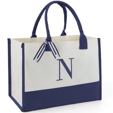 Imagem de BeeGreen Sacola com monograma bordado com inicial para mulheres, professora, mãe, amiga, presente personalizado para aniversário, praia, trabalho, casamento, Natural com azul marinho, Large